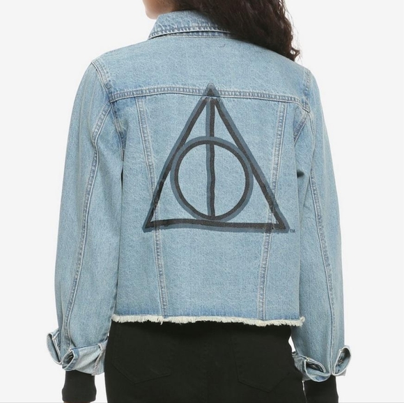 HOT TOPIC Harry Potter Deathly Hallows Crop Denim Jacket Size L - Picture 1 of 12